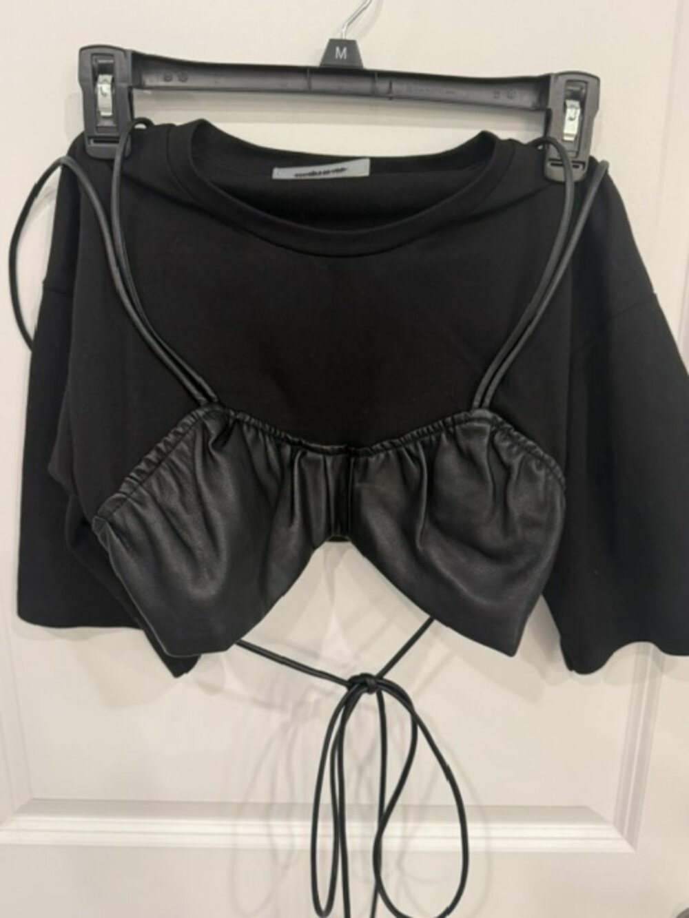 Maniere De Voir Black Faux Leather Bralette Tee Shirt